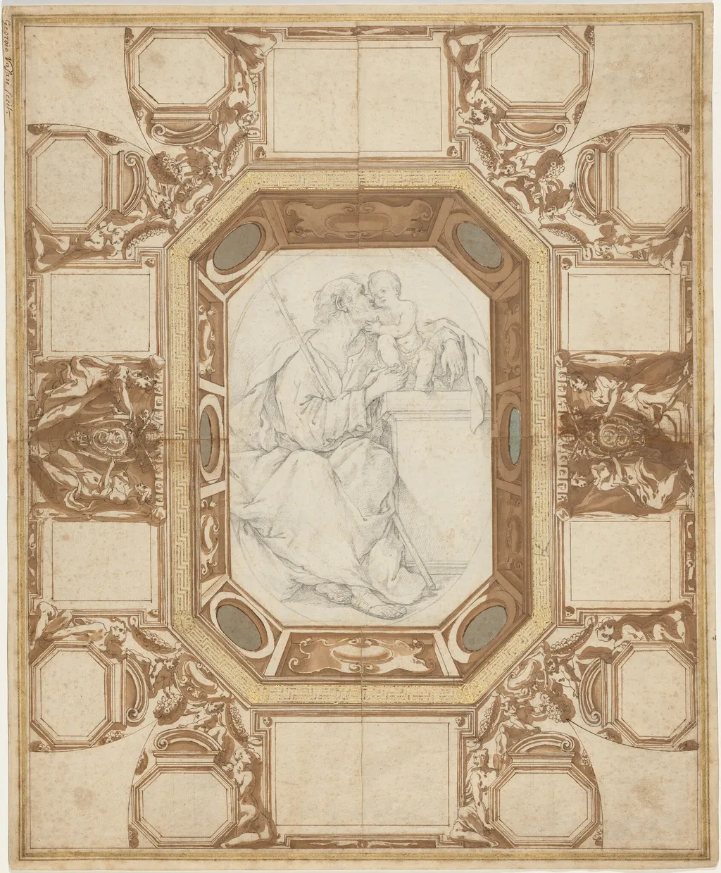 Ceiling with Allegorical Figures and the Arms of Pope Sixtus V (Guerra's outer drawing); Saint Joseph and the Christ Child (Viani's central drawing), by Giovanni Guerra, chalk