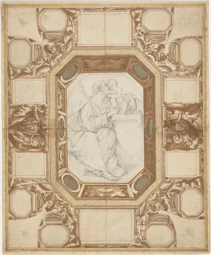 Ceiling with Allegorical Figures and the Arms of Pope Sixtus V (Guerra's outer drawing); Saint Joseph and the Christ Child (Viani's central drawing), by Giovanni Guerra