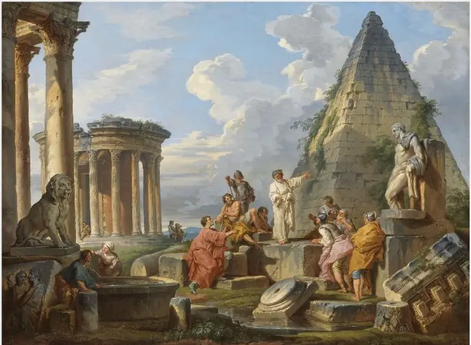 A Capriccio with Saint Paul Preaching to the Romans, with the Temple of Vesta and Pyramid of Caius Cestius, by Giovanni Paolo Panini