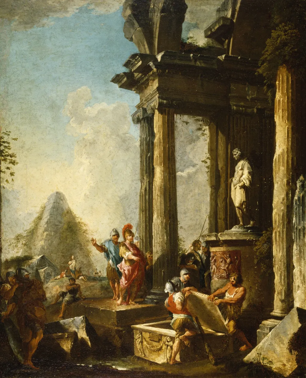 Alexander the Great at the Tomb of Achilles, by Giovanni Paolo Panini, oil, 1718