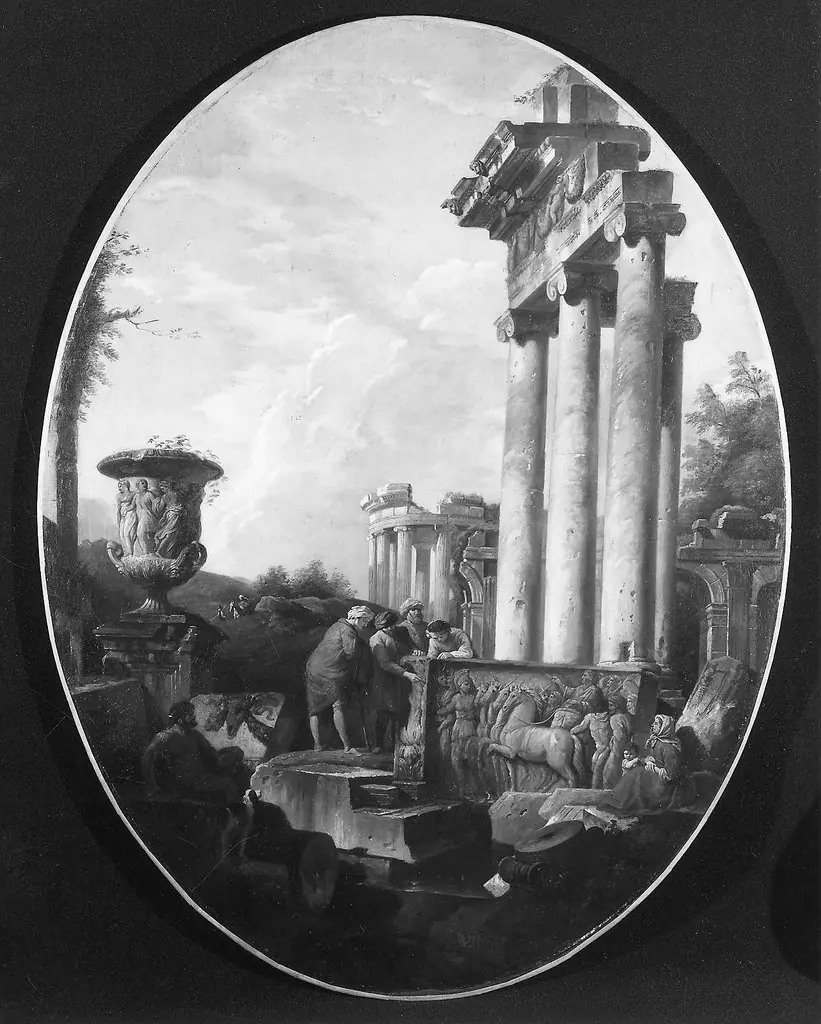 Capriccio of Roman Ruins with a Bas-Relief of a Charioteer, by Giovanni Paolo Panini