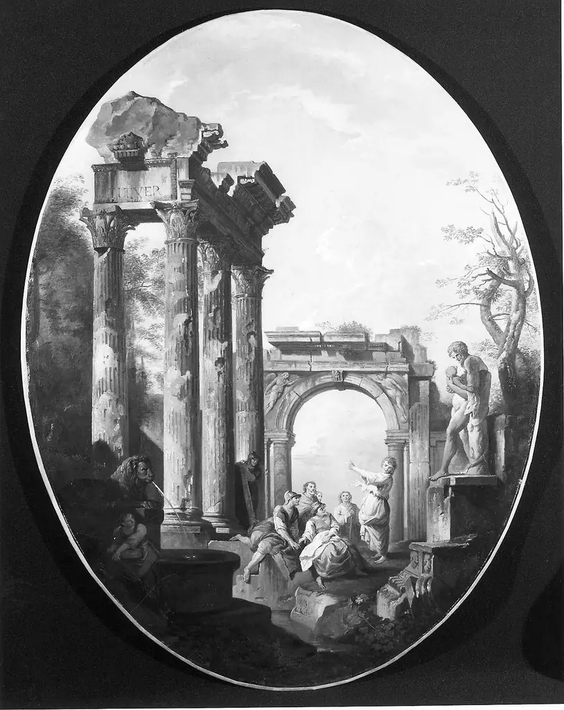 Capriccio of Roman Ruins with a Statue of Silenus and Dionysus, by Giovanni Paolo Panini