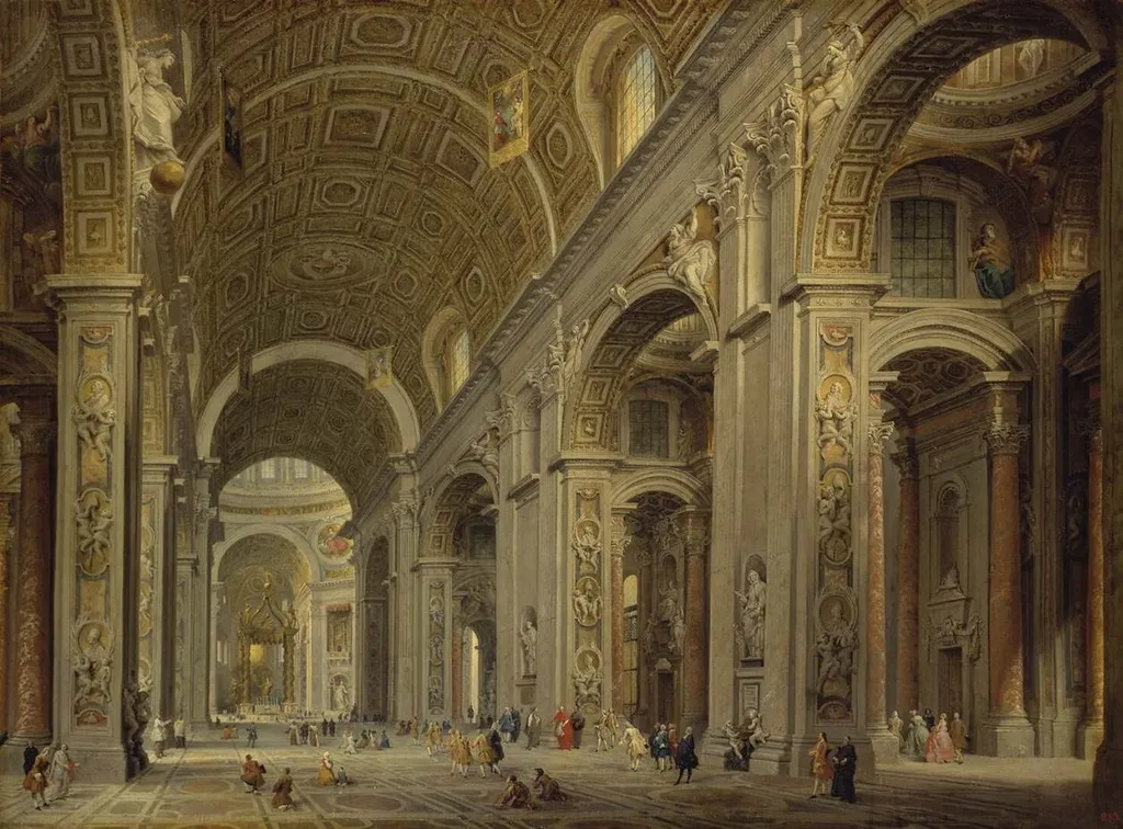 Interior of St Peter's Cathedral in Rome, by Giovanni Paolo Panini, oil, 1750