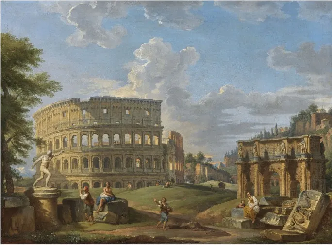 Landscape with the Colosseum and Arch of Constantine, Rome, by Giovanni Paolo Panini, oil, 1740