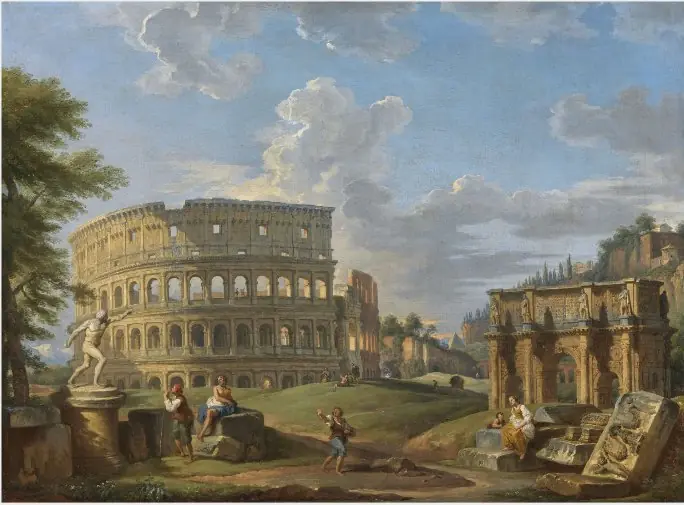 Landscape with the Colosseum and Arch of Constantine, Rome, by Giovanni Paolo Panini