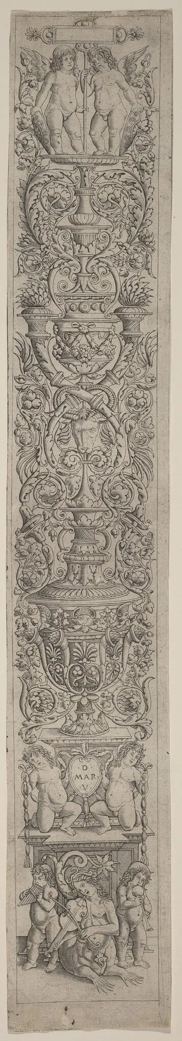 Ornament Panel: Nereid and Two Children Playing Musical Instruments, by Giovanni Pietro Birago, ink, 1510