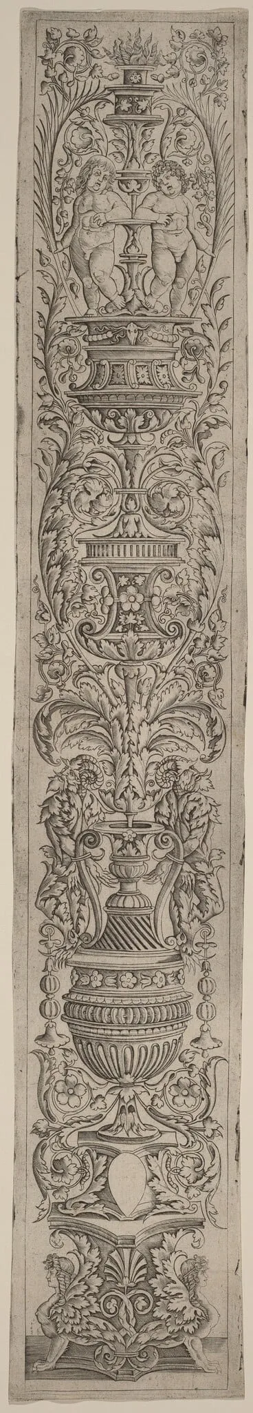 Ornament Panel: Two Sphinxes and Two Children Holding Palms, by Giovanni Pietro Birago, ink, 1510