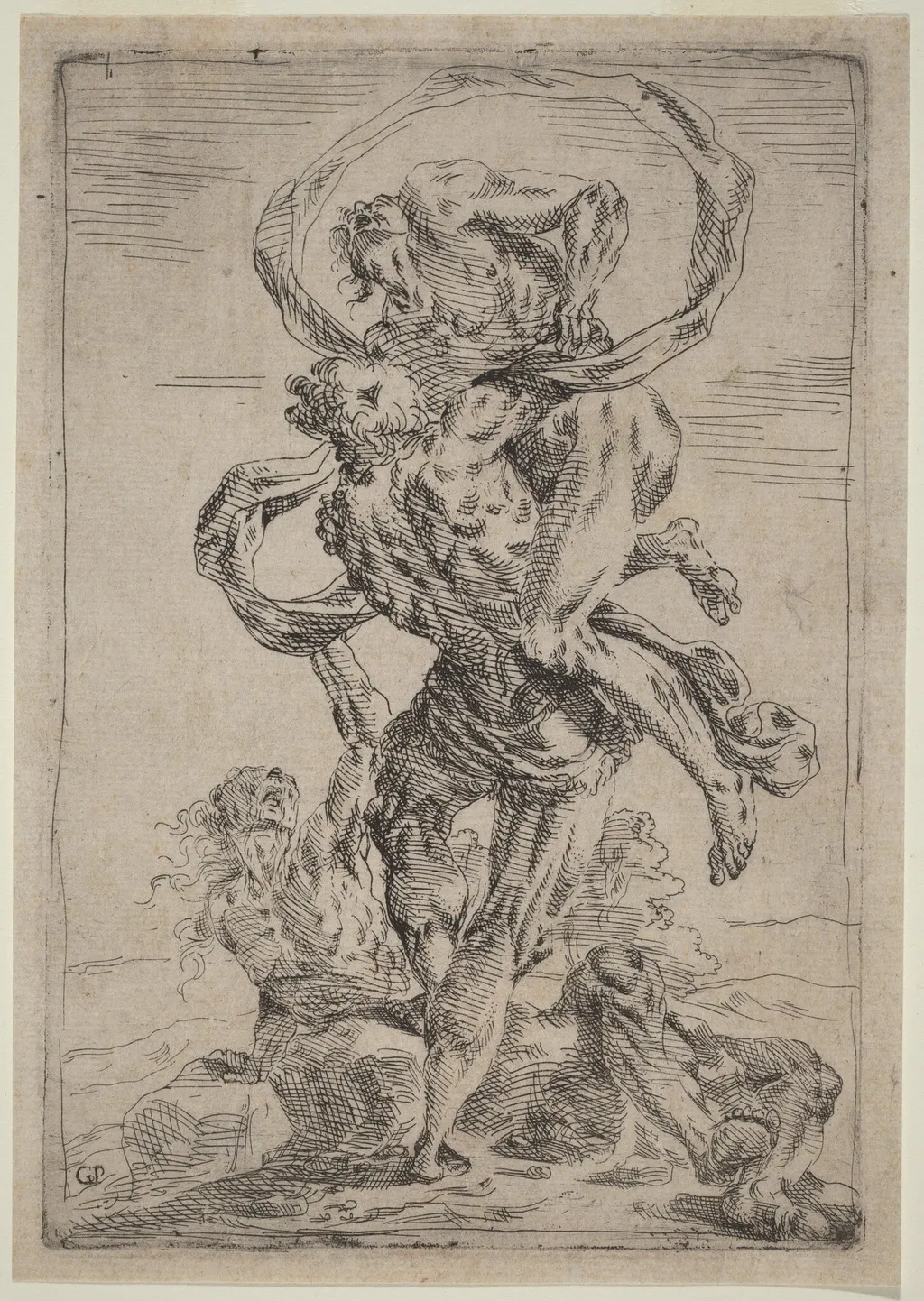 Hercules and Antaeus, by Giovanni Pietro Possenti, ink, 1638