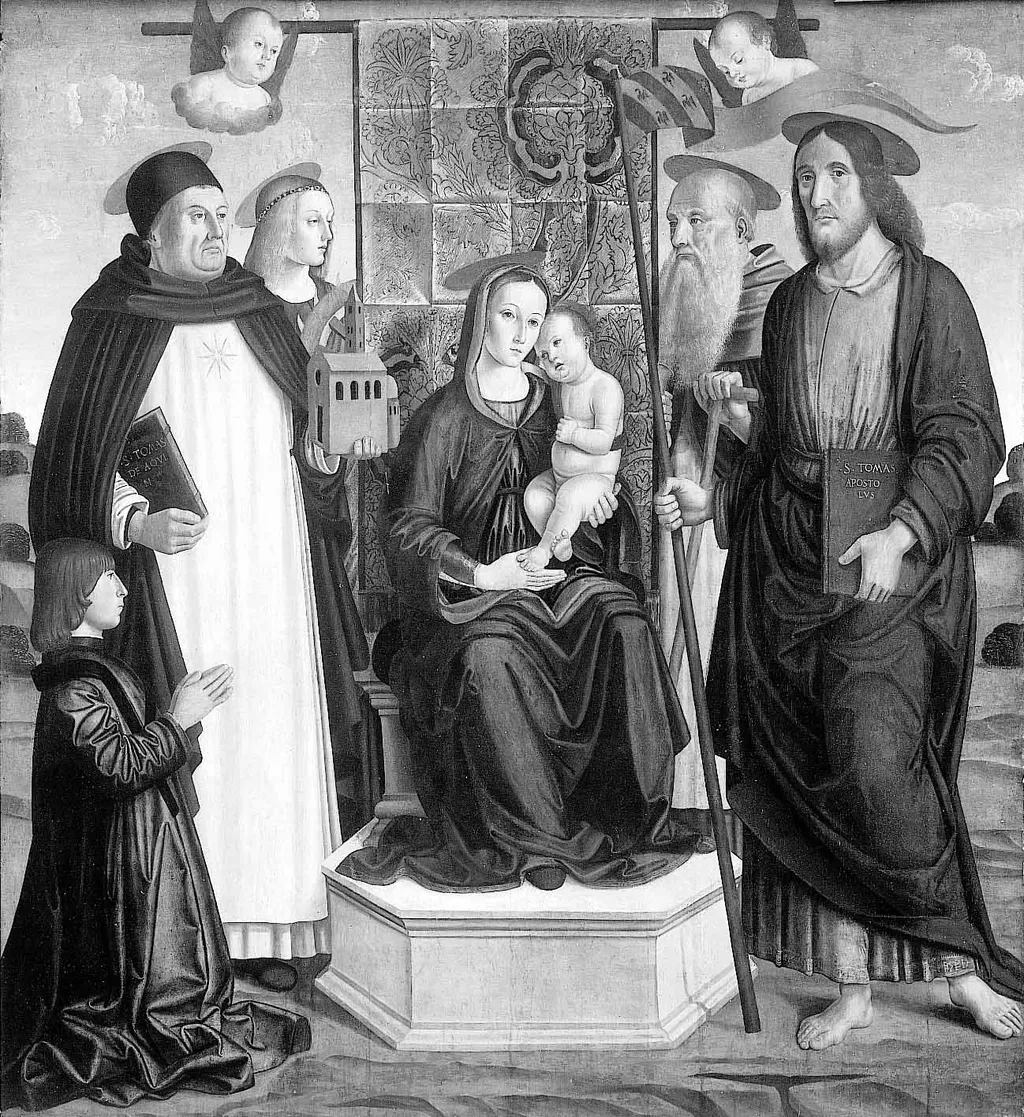 The Virgin and Child Enthroned with Saints, by Giovanni Santi, paint, 1490