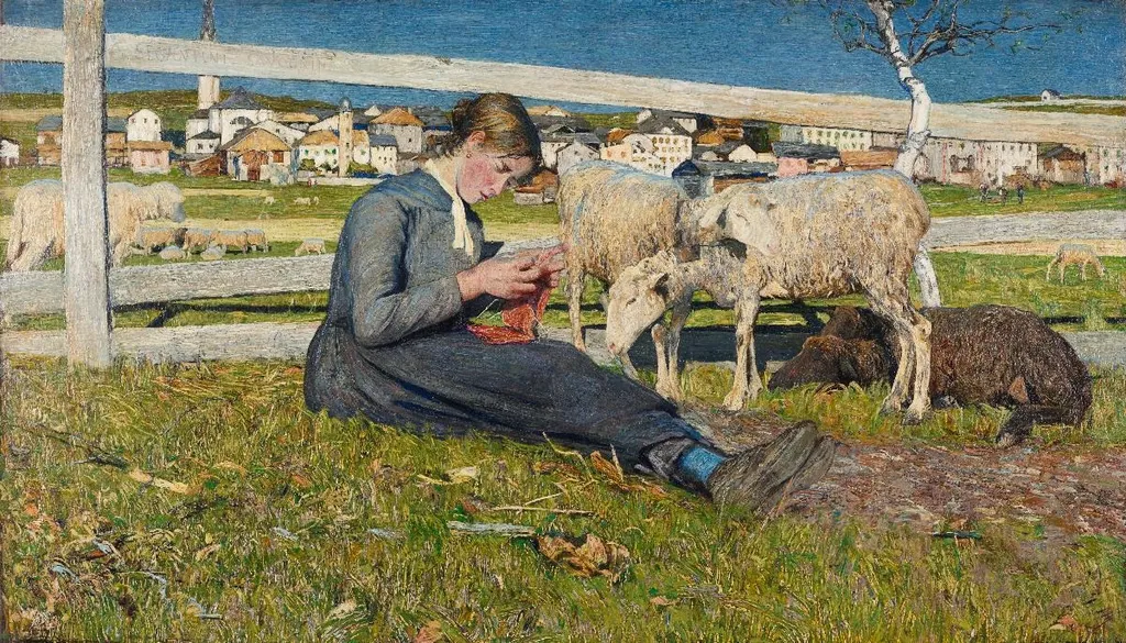 Ragazza che fa la calza, by Giovanni Segantini, oil, 1894