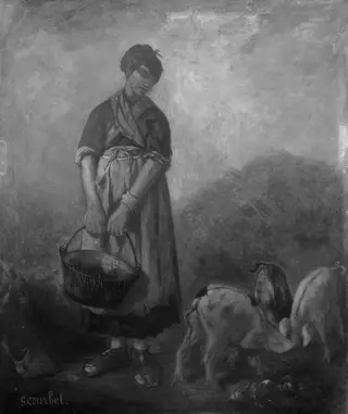 Girl herding pigs