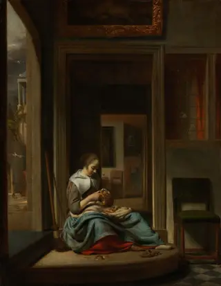 Girl peeling an apple, by Cornelis Bisschop