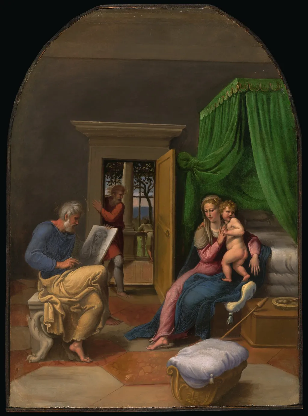 Saint Luke Drawing the Virgin and Christ Child, by Girolamo da Carpi, oil, 1535