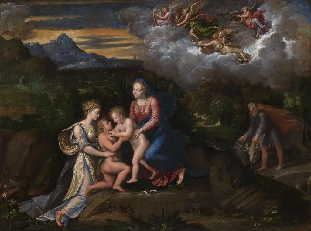 Virgin and Child in a Landscape with the Child Baptist and Saint Catherine of Alexandria, by Girolamo da Carpi