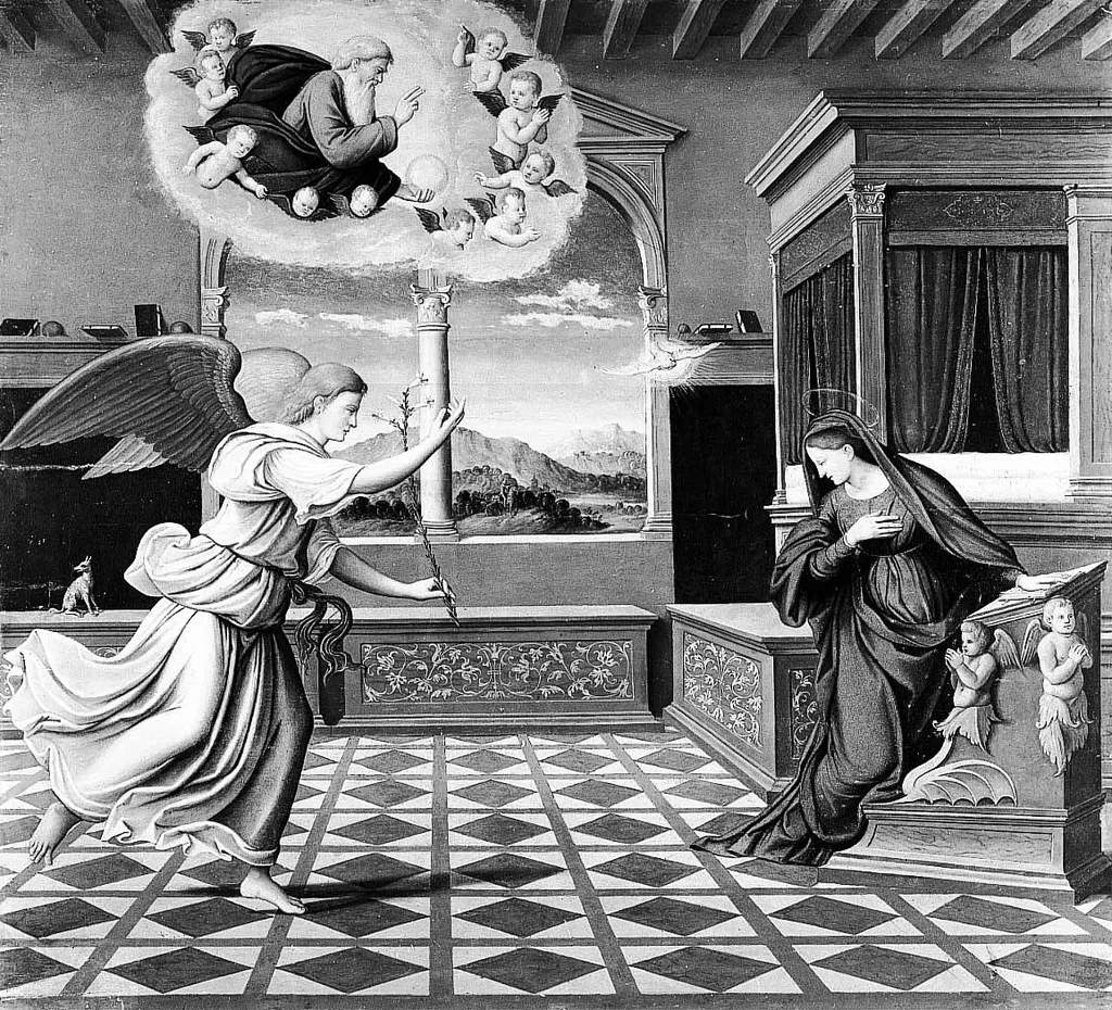 The Annunciation to Mary, by Girolamo da Santacroce, paint, 1545