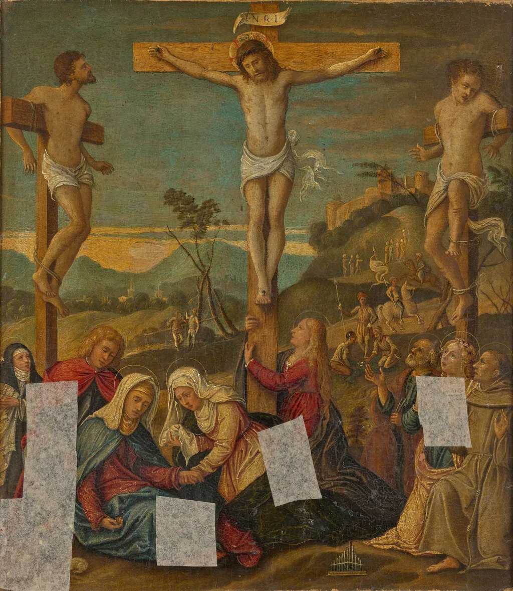 The Crucifixion of Christ, by Girolamo da Santacroce, paint, 1528