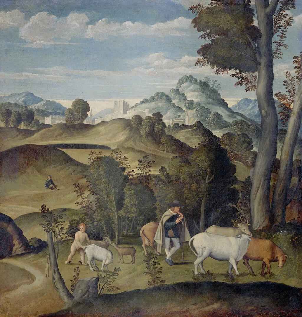 Young Mercury Stealing Cattle from Apollo's Herd, by Girolamo da Santacroce, oil, 1540