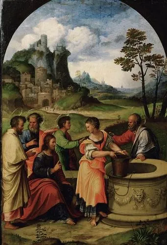 Christ and the Woman of Samaria, by Girolamo da Treviso the Younger, oil, 1525