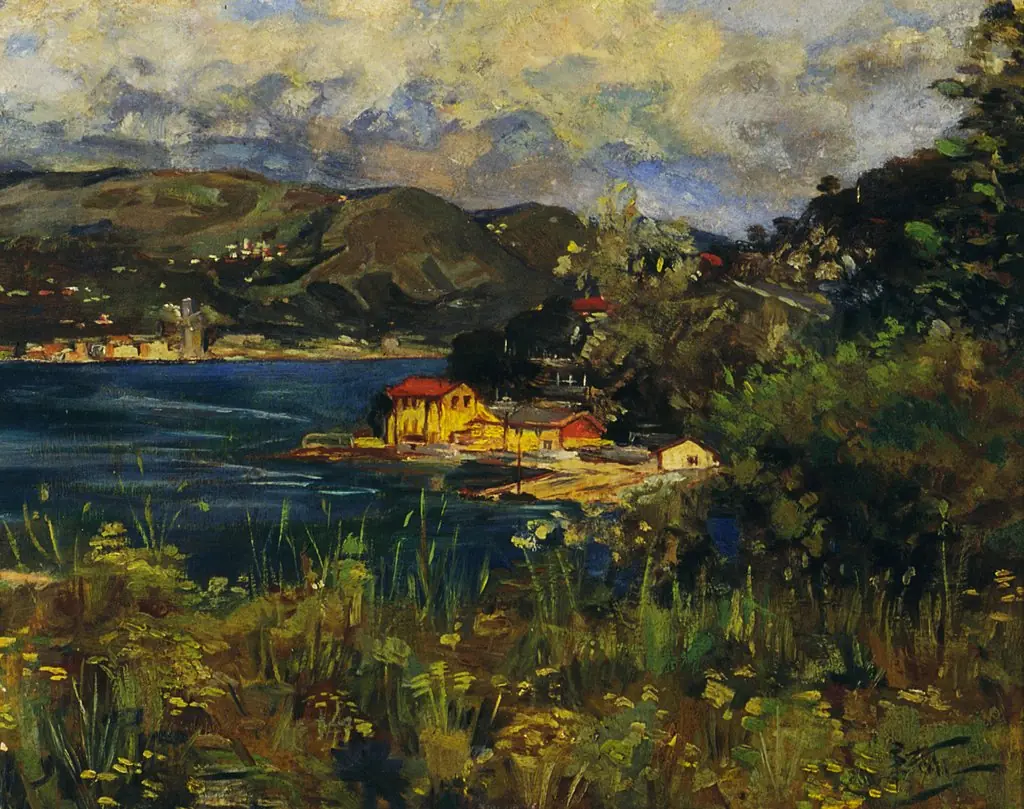 Untitled [Bay landscape with Italian cities], by Girolamo P. Nerli
