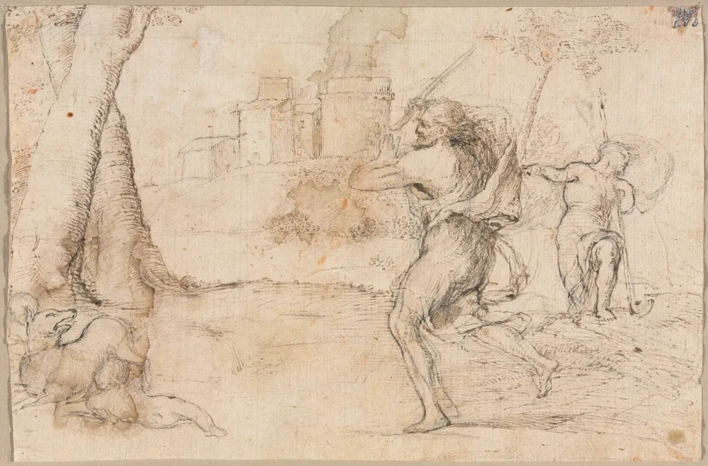 Romulus and Remus Found by Faustulus (recto), by Girolamo Romanino, 1535