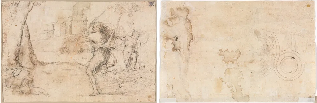 Romulus and Remus Found by Faustulus (recto) Concentric Circles (verso), by Girolamo Romanino, 1535