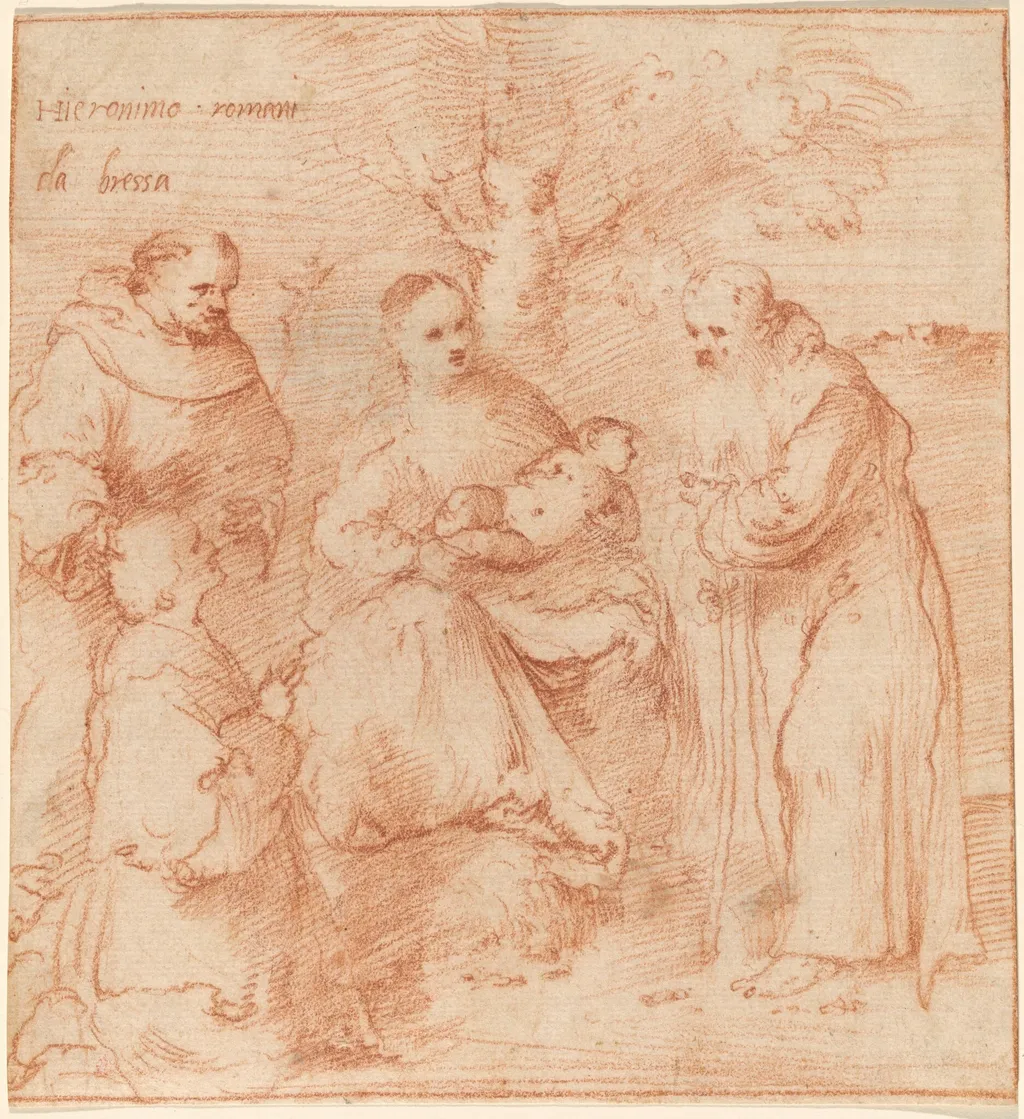 The Madonna and Child with Saints Francis and Anthony Abbot and a Donor, by Girolamo Romanino, chalk, 1517