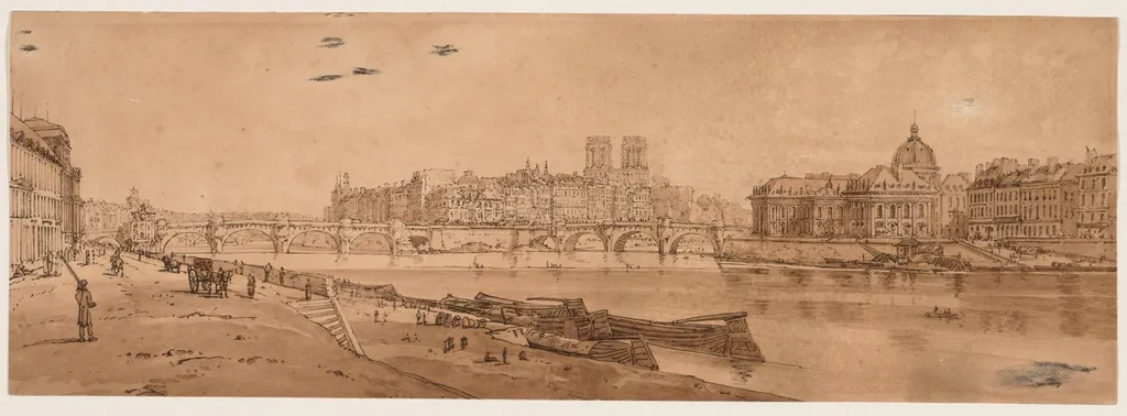 A Selection of Twenty of the Most Picturesque Views in Paris: View of Pont Neuf, part of the Louvre, Notre Dame, and the College of Four Nations, by Girtin, 1802