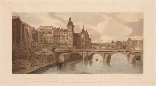 A Selection of Twenty of the Most Picturesque Views in Paris: View of Pont au Change, the City Theatre, Pont Neuf, Conciergerie Prison, &c taken from Pont Notre Dame, by Girtin
