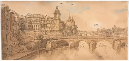 A Selection of Twenty of the Most Picturesque Views in Paris: View of Pont au Change, the City Theatre, Pont Neuf, Conciergerie Prison, and taken from Pont Notre Dame, by Girtin