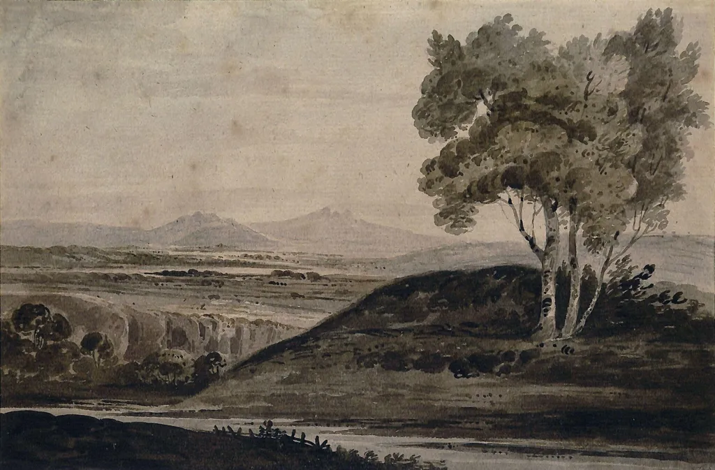 Landscape, evening effect, by Girtin, watercolor, 1750