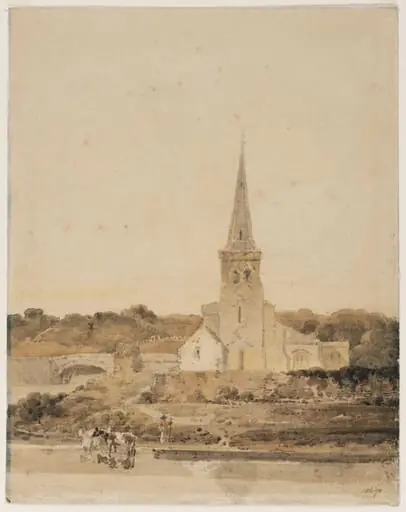 Landscape, with church beside a river, by Girtin