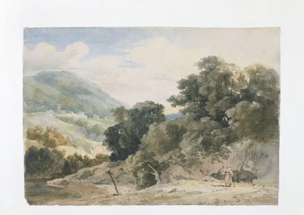 Landscape with hermit, by Girtin, watercolor, 1801