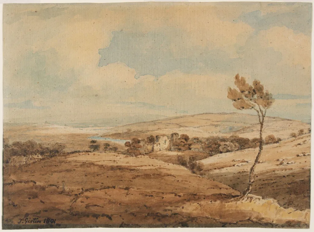 Landscape with ruined castle and river, by Girtin, watercolor, 1801