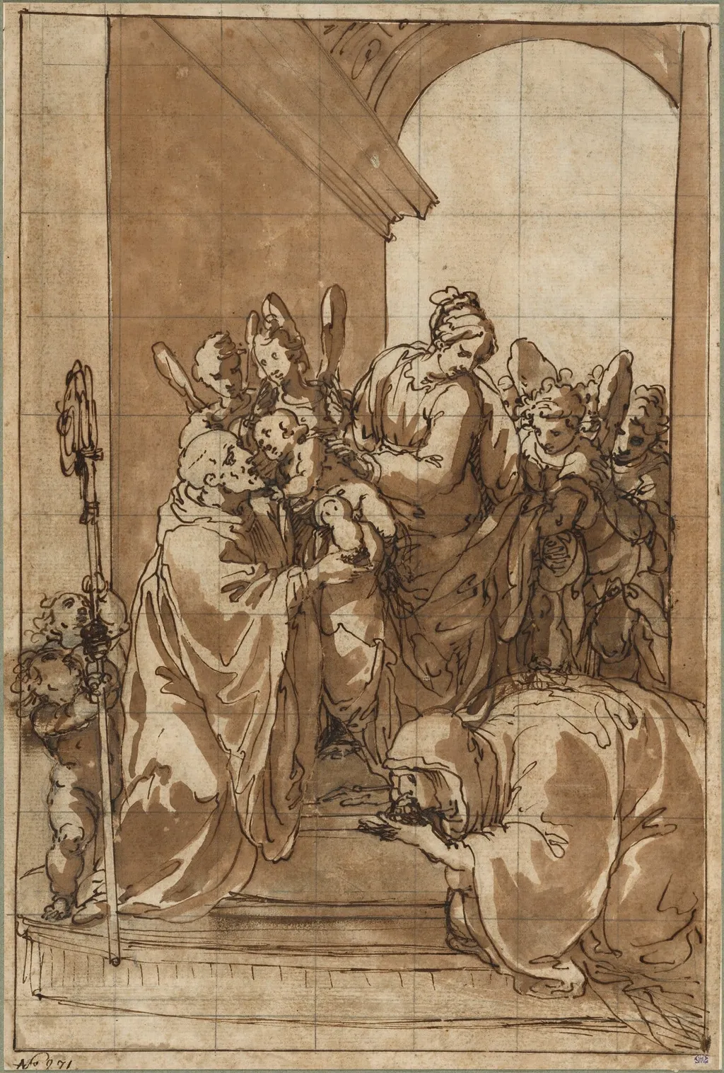 Madonna and Child with Angels, Saint Benedict, and Saint Scholastica, by Giulio Benso, graphite, 1629