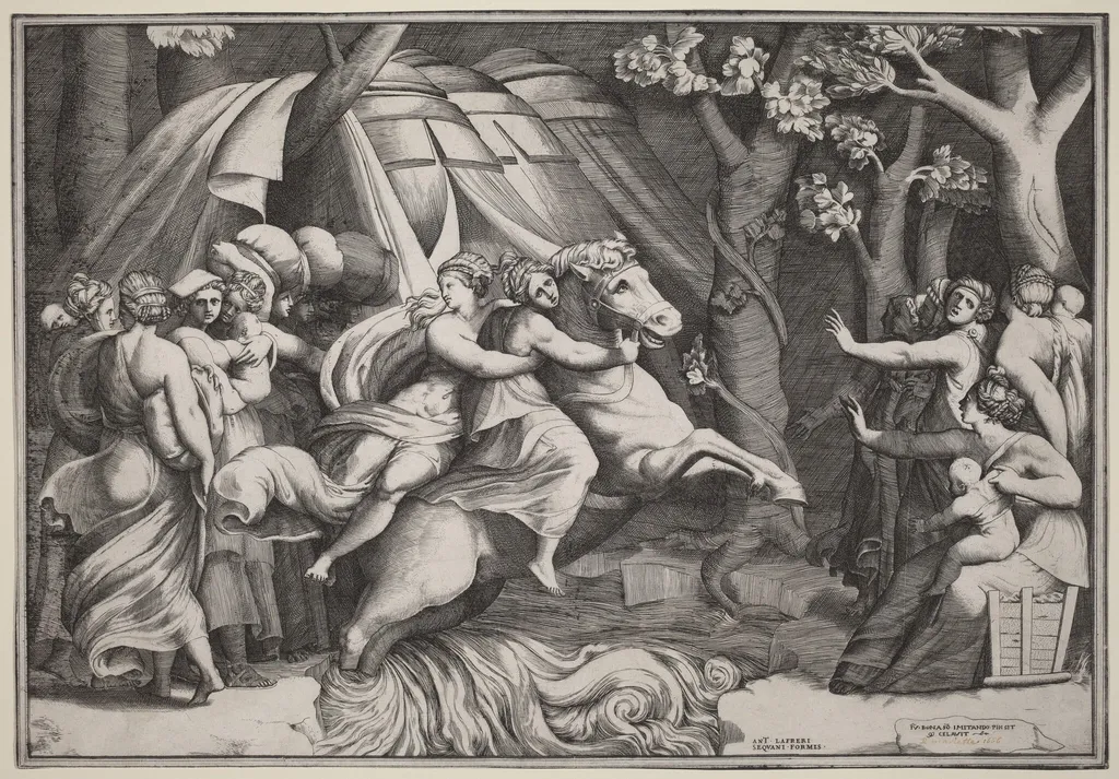 Clelia Crossing the Tiber, by Giulio Bonasone, ink, 1545