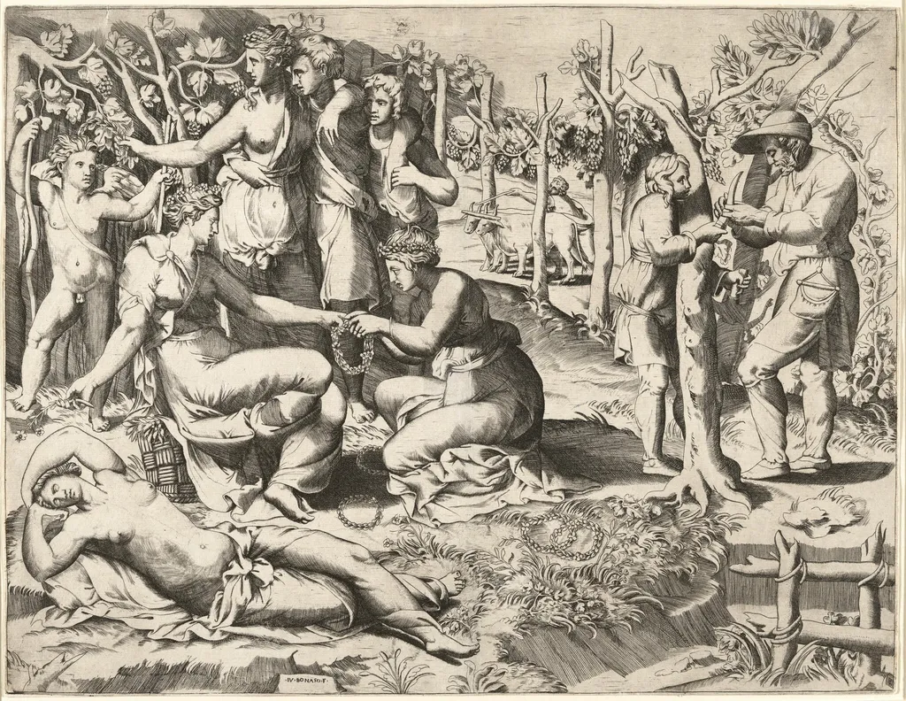Flora and Her Nymphs, by Giulio Bonasone, ink, 1546