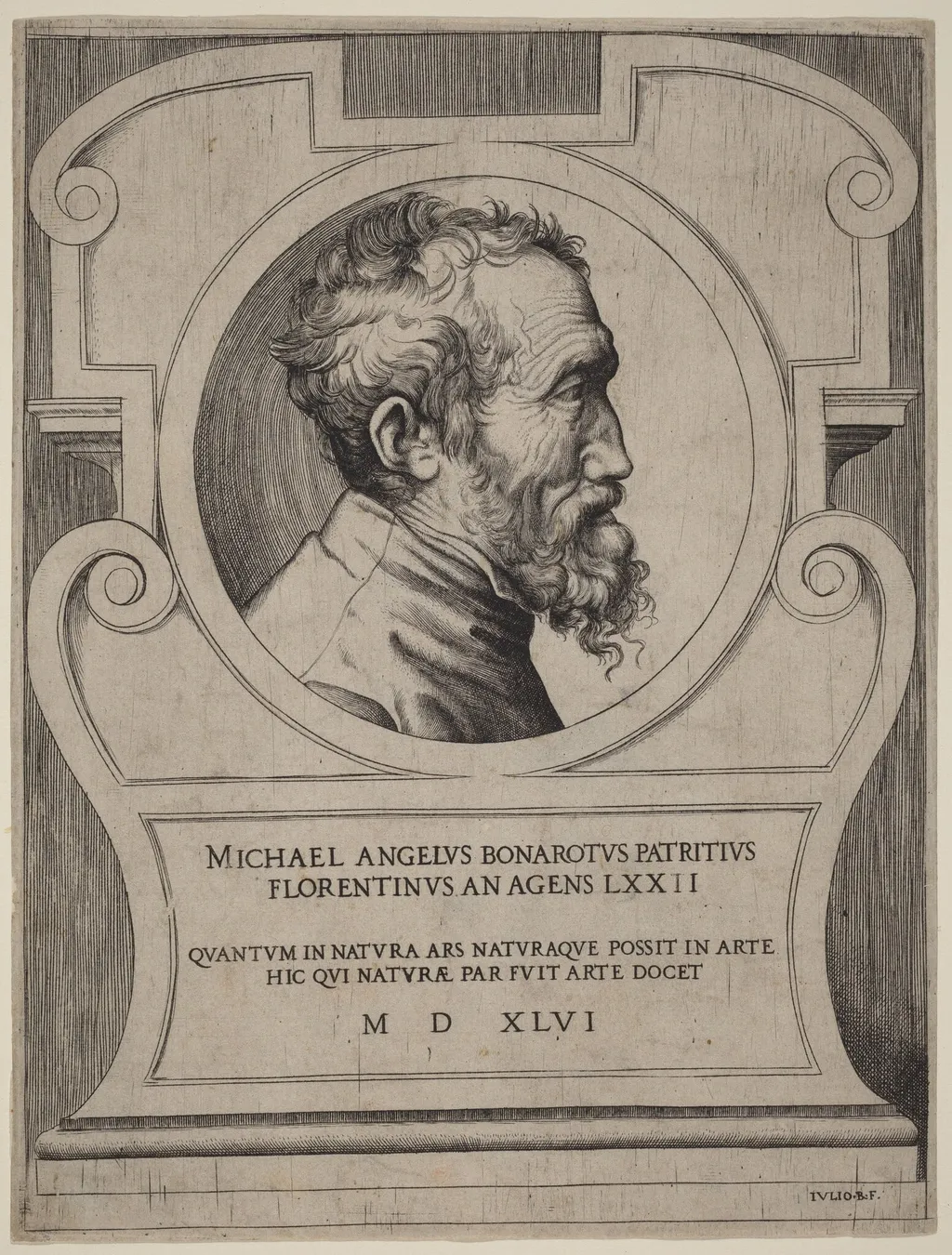 Michelangelo, by Giulio Bonasone, ink, 1546