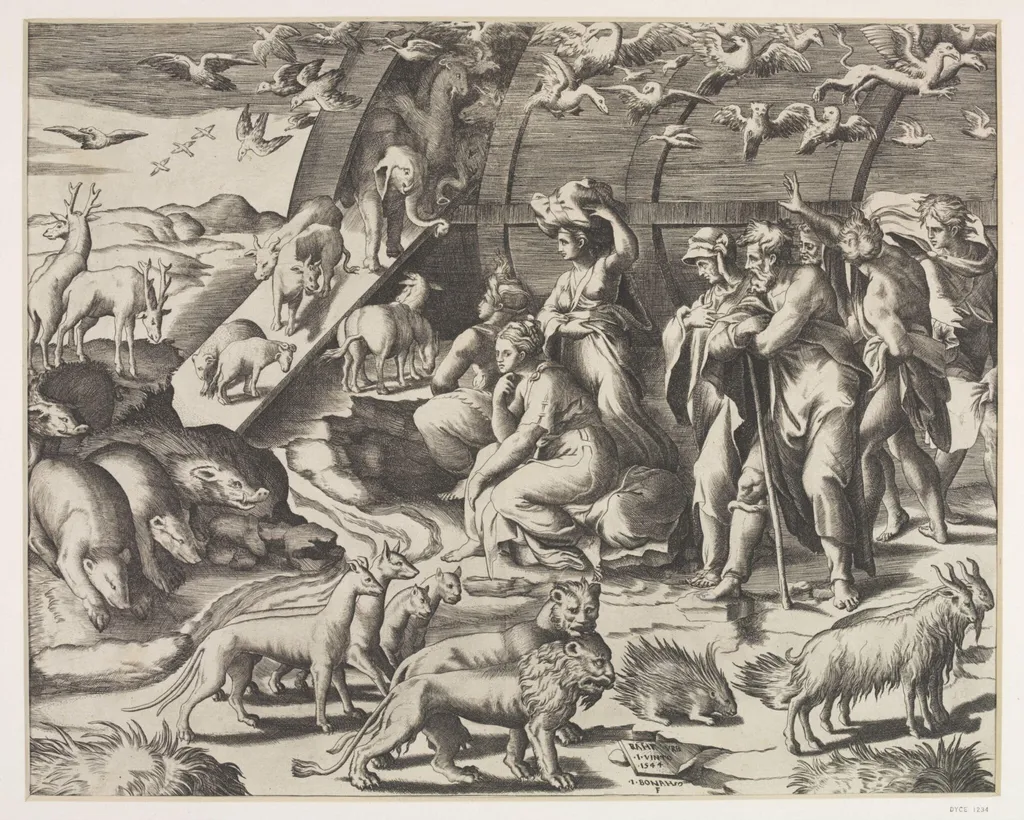 Noah and His Family Leaving the Ark, by Giulio Bonasone, 1550