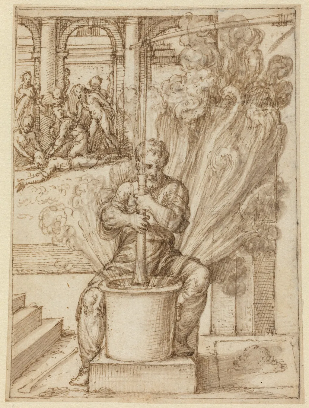 Study for Man Making an Explosion, by Giulio Bonasone, ink, 1539
