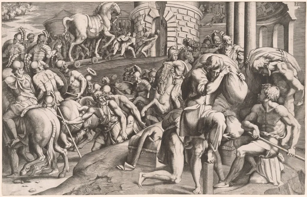 The Trojans Hauling the Wooden Horse into Troy, by Giulio Bonasone, ink, 1545