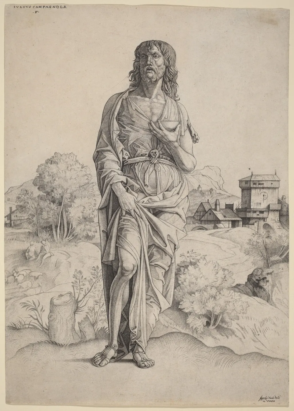 Saint John the Baptist, by Giulio Campagnola, ink, 1505