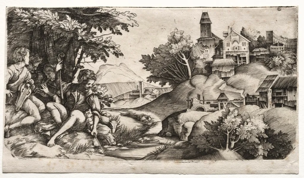 Shepherds in a Landscape, by Giulio Campagnola