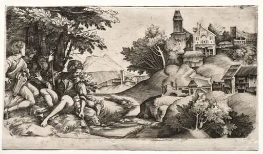 Shepherds in a Landscape, by Giulio Campagnola