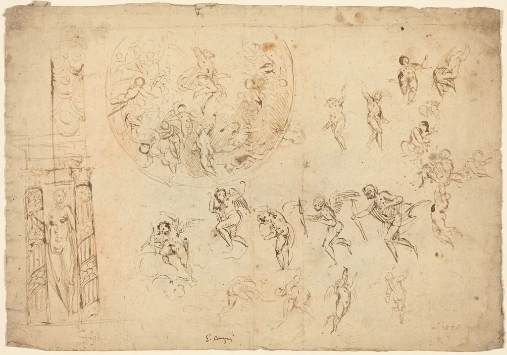 An Ascension and Other Studies, by Giulio Campi, ink, 1537