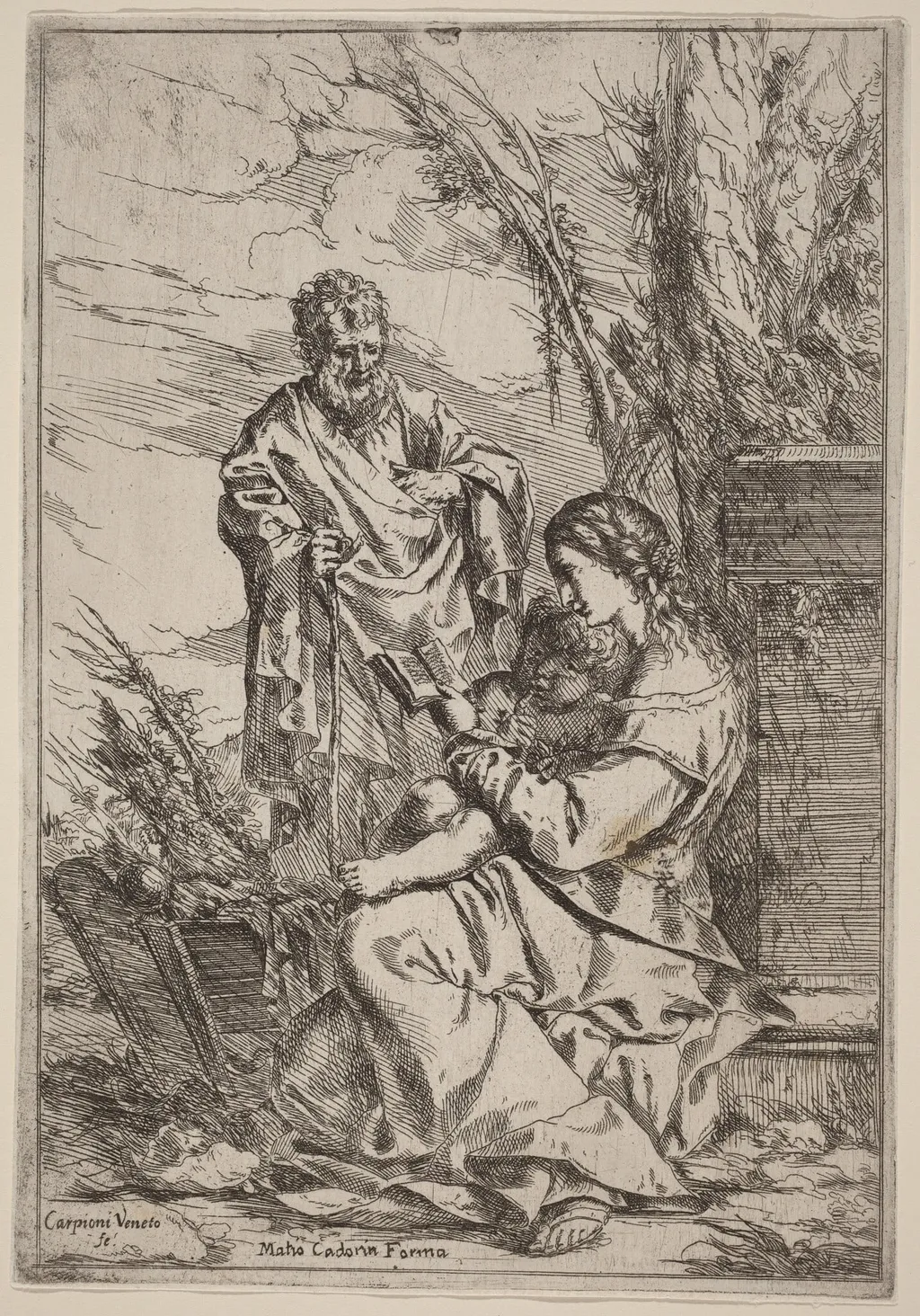 Holy Family with the Virgin Reading, by Giulio Carpioni, ink, 1646