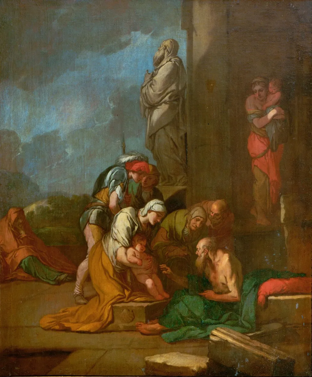 Nymphe Liriope bringt ihren Sohn Narcissus zu Tiresias, by Giulio Carpioni, unspecified, 1671