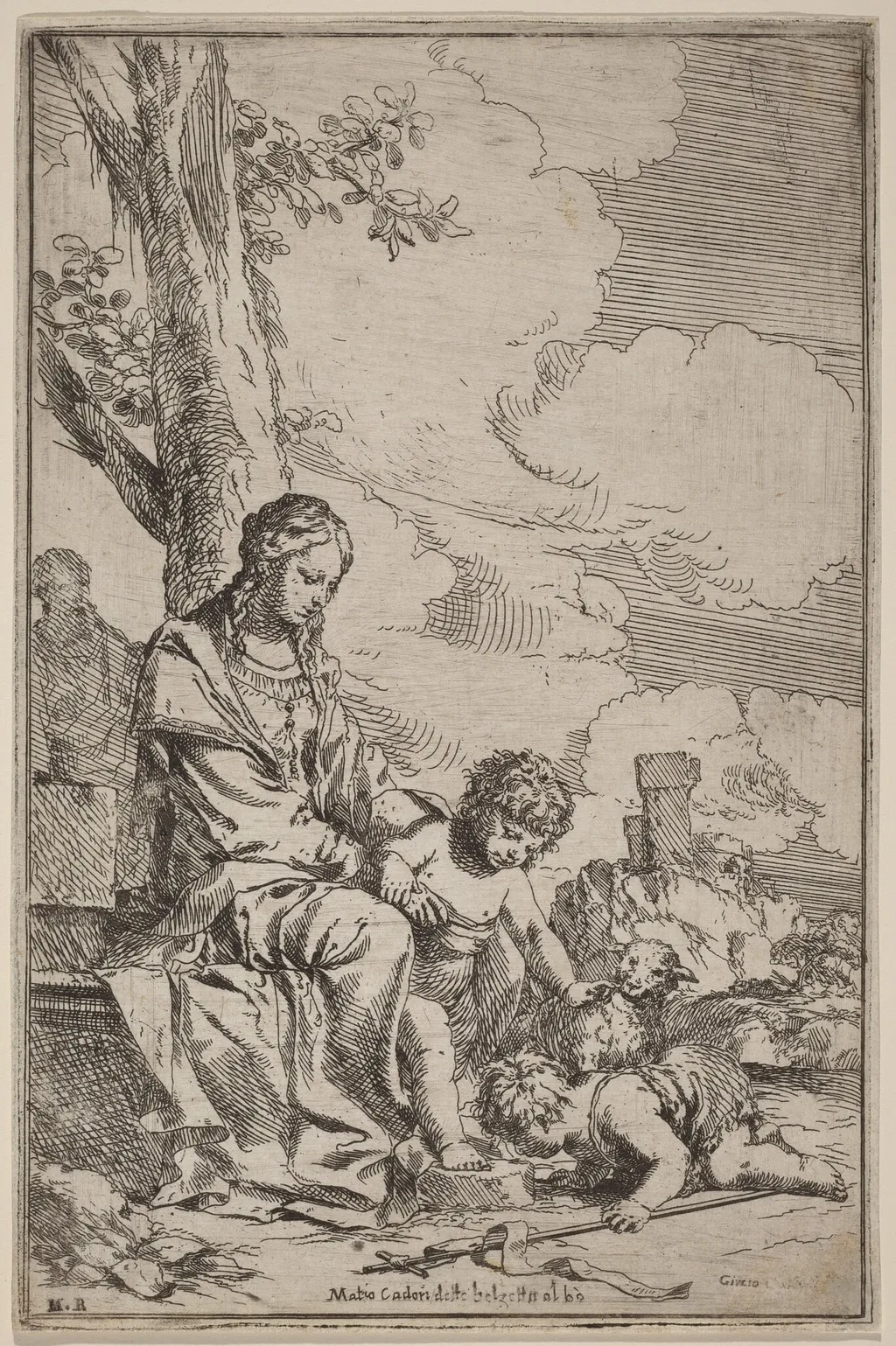 The Virgin and Child with Saint John the Baptist, by Giulio Carpioni, ink, 1646
