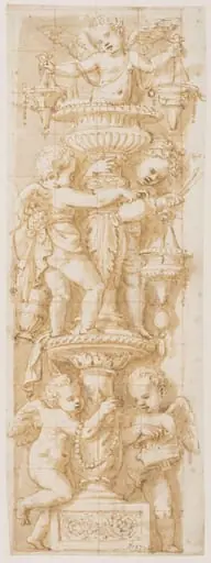Design for the decoration of a pilaster: infant angels playing round the stem of a candelabrum, by Giulio Romano