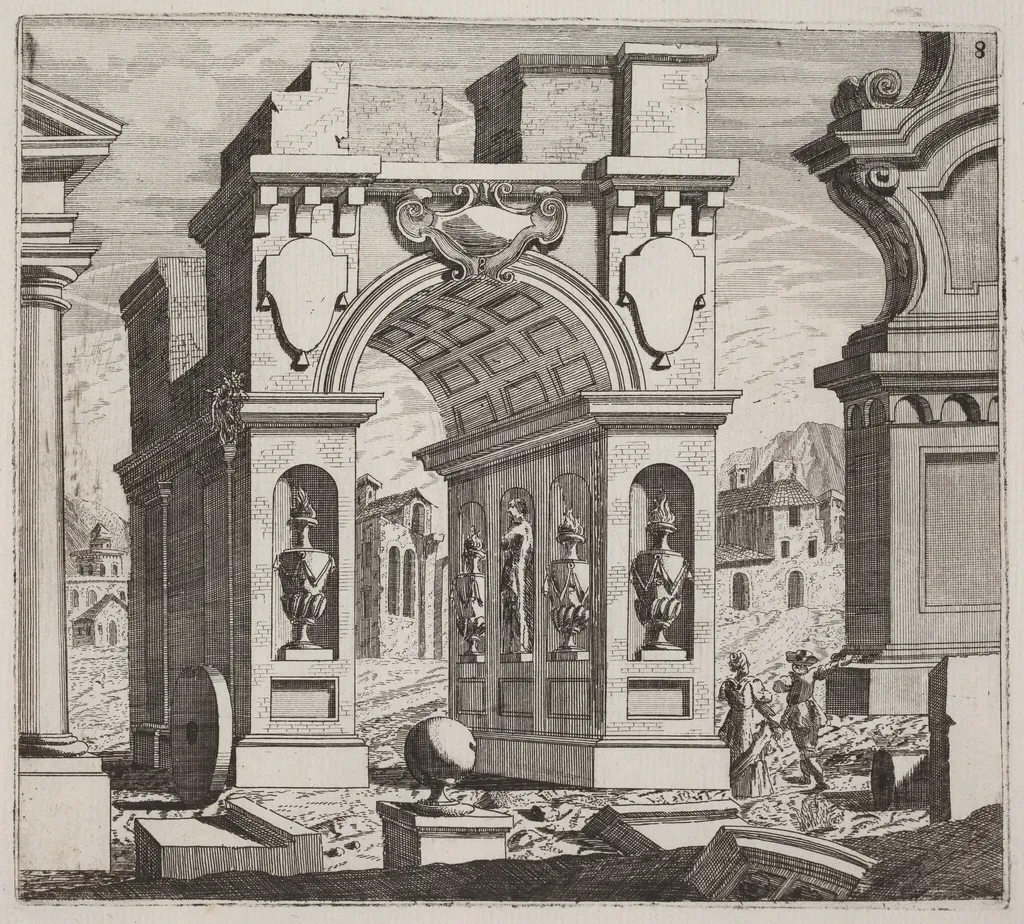 Architectural Fantasy with a Triumphal Arch, by Giuseppe Antonio Landi, ink, 1753
