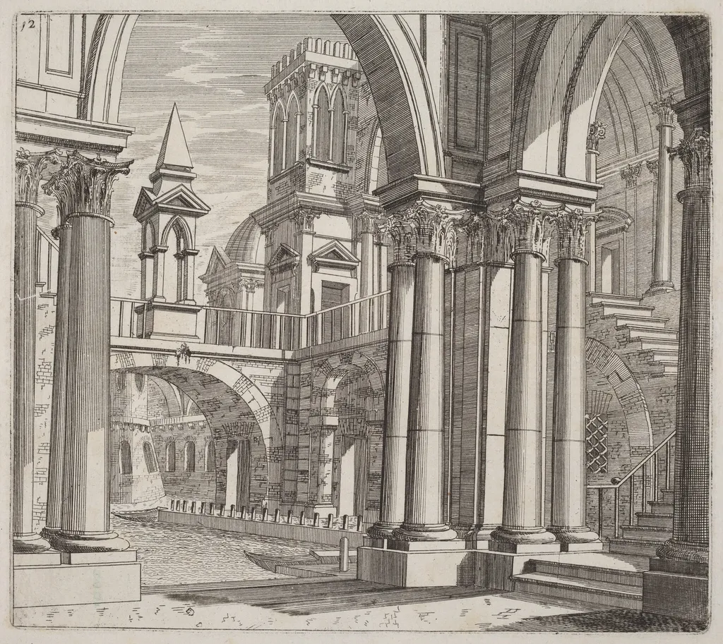 Architectural Fantasy with Buildings, Stairways, and Portals beside a Canal, by Giuseppe Antonio Landi, ink, 1753
